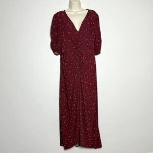 Old Navy Womens Maxi Dress L‎ Red Floral Ruche Romantic Peasant Cottagecore Boho